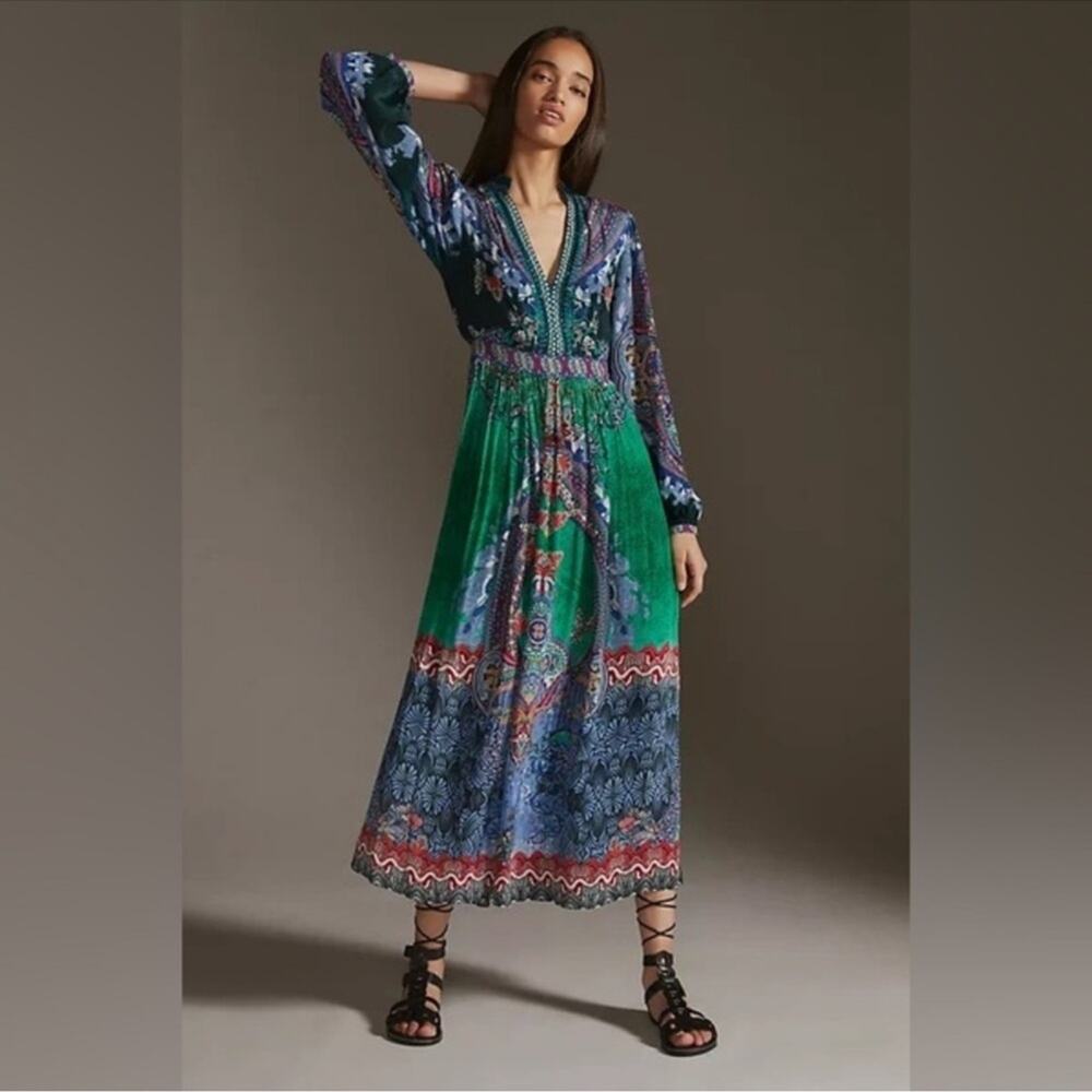 Anthropologie Bhanuni Jyoti Patterned Blue Green Embroidered Maxi Dress Size 4